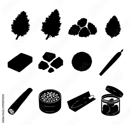 Cannabis Buds and Hash Silhouettes Set - Marijuana Flower, Joint, Blunt and Grinder Icons
