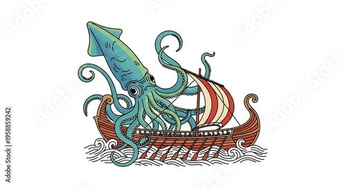 A colorful vector illustration of a giant squid attacking a traditional sailing ship