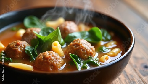 Steaming Italian wedding soup served in dark bowl. Savory meatballs, pasta shapes, and green spinach leaves float in rich broth. Comforting, hearty meal.