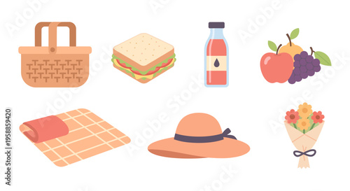 A colorful icon set of a picnic scene with food and accessories on a blanket outdoors