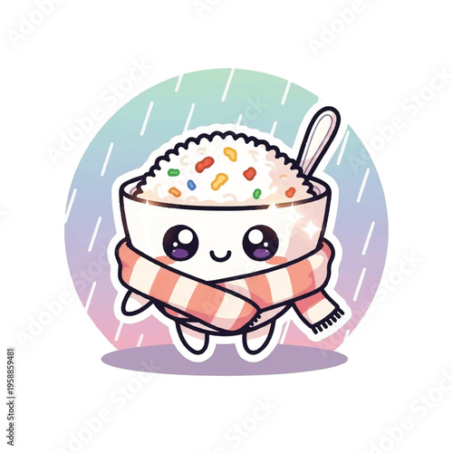 A cheerful cartoon bowl of cereal wearing a scarf, presented on a colorful rain background. Perfect for breakfast menus, food blogs, and children's educational materials.