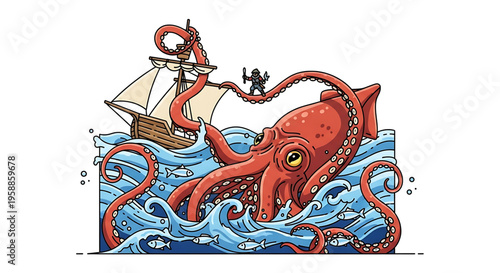 A colorful vector illustration of a giant octopus attacking a sailing ship in the ocean