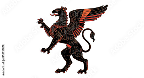 A mythical griffin with wings spread wide in a striking black and red vector illustration
