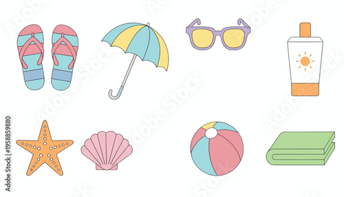 A colorful icon set of beach essentials on a white background includes flip flops and umbrella.