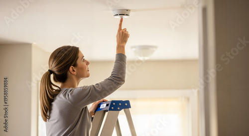 Woman standing on a ladder testing a smoke detector on the ceiling. Female homeowner pressing the button on a fire alarm for home safety and maintenance. Routine household fire prevention concept
