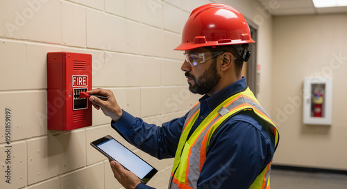 Male safety inspector checking a wall-mounted fire alarm system in a commercial building. Facility maintenance worker in a hard hat and high-visibility vest holding a digital tablet. Copy space