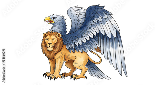 A mythical creature with the body of a lion and the wings of an eagle in a vibrant, cartoon-style illustration.