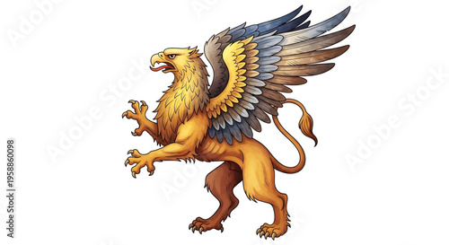 A mythical griffin with lion and eagle features stands powerfully with outstretched wings on a clean background