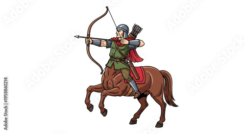 A centaur archer rides a brown horse while aiming a bow and arrow in a dynamic pose.