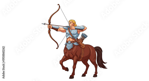 A centaur archer rides a brown horse while aiming a bow and arrow in a dynamic pose.
