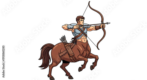 A cartoon centaur archer rides a horse while aiming a bow and arrow in a dynamic pose.