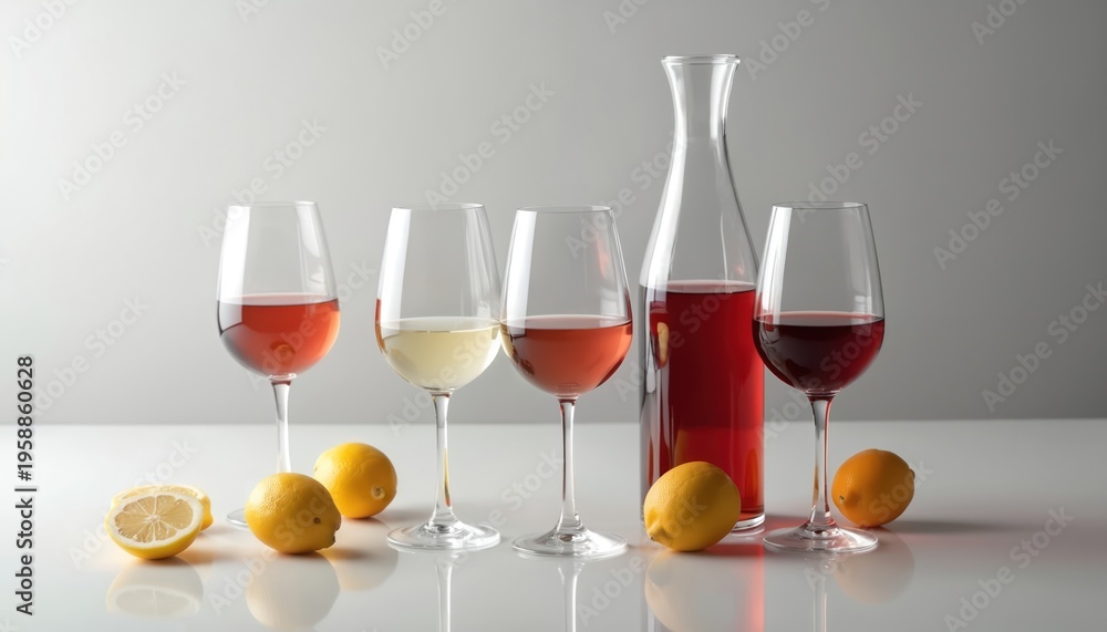 Obraz premium Assortment of red, white, and rose wine in glasses and carafe. Whole and sliced lemons arranged nearby on a clean white surface with grey background. Minimalist studio still life setup.