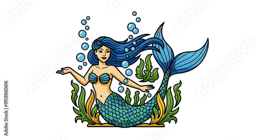 A colorful mermaid illustration with long flowing hair and a shimmering tail, surrounded by seaweed and bubbles in a whimsical underwater scene.