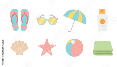 Beach icon set includes flip flops, sunglasses, umbrella, sunblock, shell, starfish, ball, and towel.
