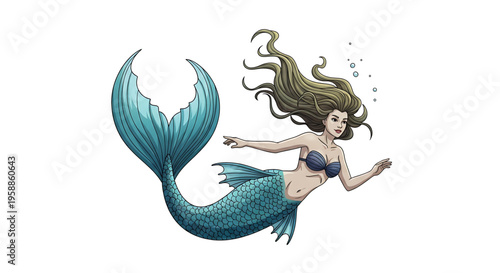 A beautiful mermaid swimming in the ocean with a vibrant turquoise tail and flowing brown hair.