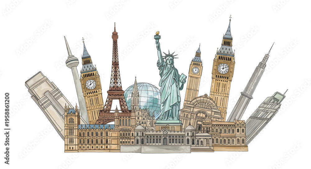 Obraz premium Collage of iconic world landmarks illustration.