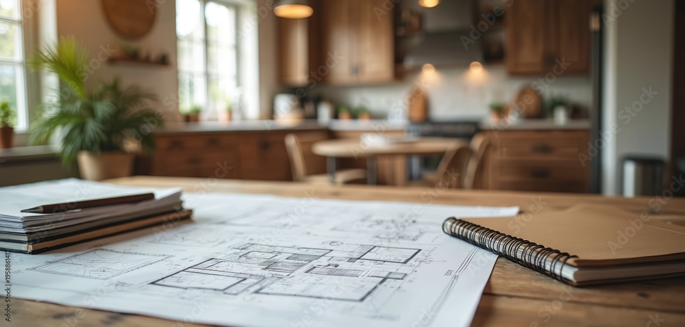 Fototapeta premium Architectural plans and notebook on wooden table in rustic kitchen. Home renovation and design planning. Detailed blueprints for construction or remodel project.