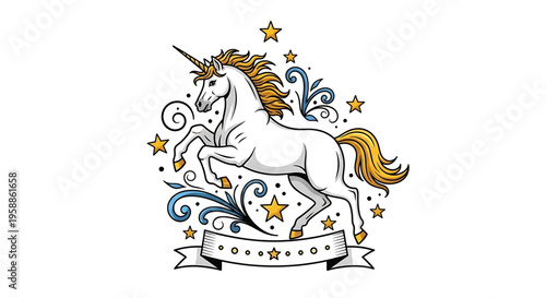 A whimsical unicorn illustration with a flowing mane and tail, surrounded by stars and a decorative banner, set against a clean white background.