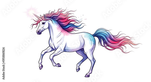 A colorful unicorn horse with a flowing mane and tail runs freely in a whimsical illustration.