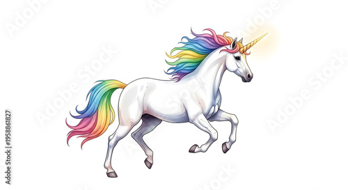 A colorful unicorn illustration with a rainbow mane and tail, running on a white background.