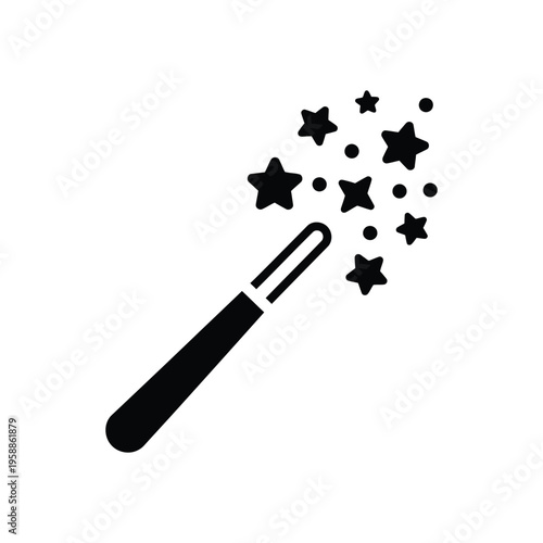 Magic wand icon with stars black silhouette symbol of wizardry and enchantment for fantasy games or festive entertainment designs isolated on white background professional vector graphic