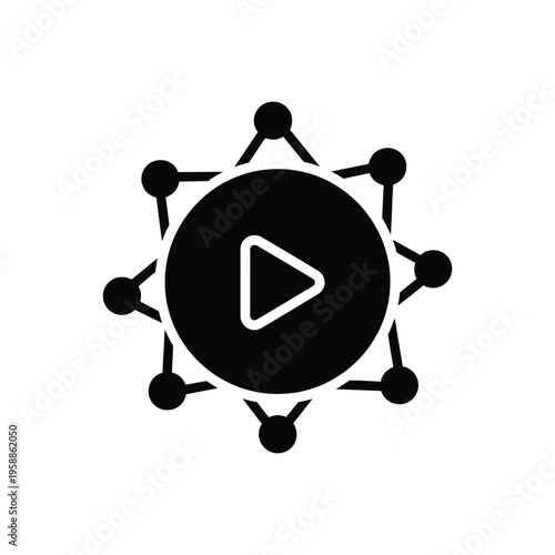 Video sharing network icon featuring play button inside circular node connected to multiple distribution points representing digital media viral content social engagement and web connectivity
