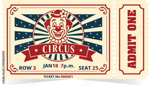 A vintage-style circus admission ticket featuring a cheerful clown illustration with bold retro typography and decorative elements for posters, invitations, branding, party decor, and print projects 