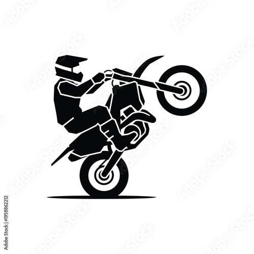 Motocross rider performing wheelie stunt on dirt bike silhouette vector illustration for extreme sports and racing competition design showing adrenaline action on off road motorcycle