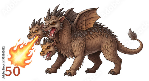 A mythical three-headed dragon creature breathing fire in a dynamic pose