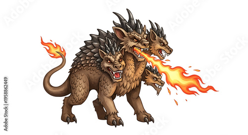 A mythical three-headed dog breathing fire in a cartoon illustration style