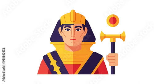 A colorful illustration of an ancient Egyptian pharaoh wearing a golden headdress and holding a scepter.