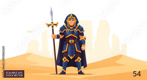 A medieval warrior stands heroically in a desert landscape with a cityscape in the background, holding a spear and wearing a blue and gold armor.