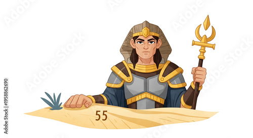 A cartoon Egyptian pharaoh in armor holding a trident and standing behind a desert map with a plant
