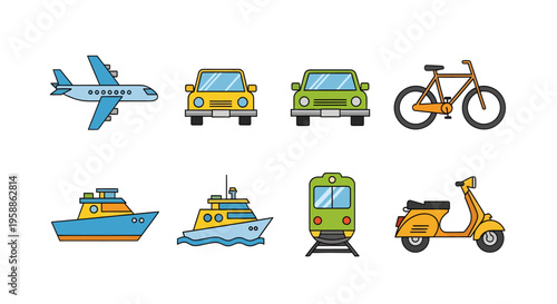The icon set features various transportation vehicles on a white background.