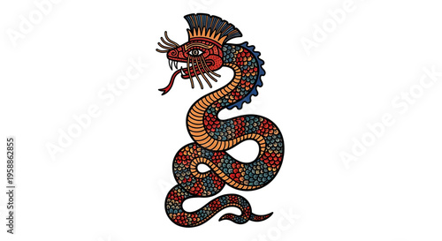 A colorful, vibrant illustration of a mythical serpent with intricate patterns and designs, symbolizing ancient cultures and mysticism.