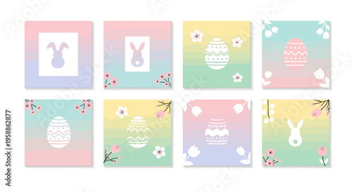 Easter-themed social media bundle with pastel bunny and egg illustrations on colorful backgrounds for Instagram posts and stories