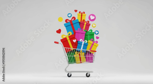 3D Shopping Cart Overflowing with Colorful Gift Boxes and Hearts on White Background - E-commerce and Holiday Sales Concept
