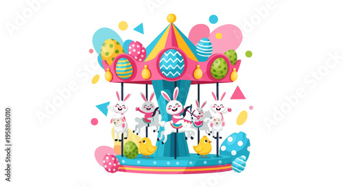 Colorful Easter-themed carousel with bunnies and eggs on a pastel background, featuring a vibrant illustration design for social media Easter Sunday posts and decorations