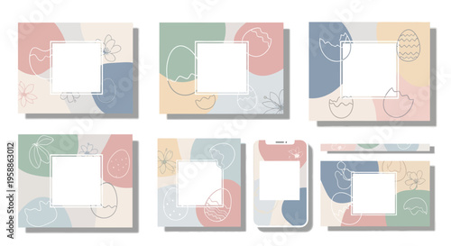 A set of colorful Easter social media templates with pastel background, bunny, eggs, and flower elements, featuring various frame designs for Instagram posts and stories