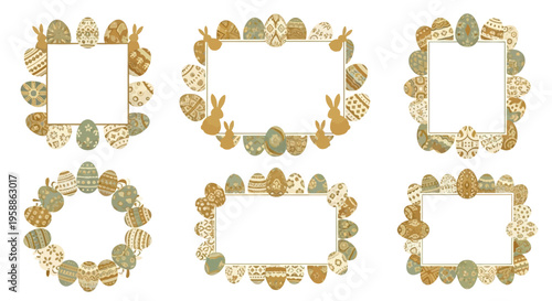 Easter-themed frames featuring pastel-colored eggs and bunnies on a white background, ideal for decoration and design