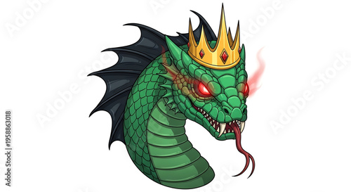 A cartoon dragon head with a crown on its head, breathing fire, in a vibrant and modern illustration style.