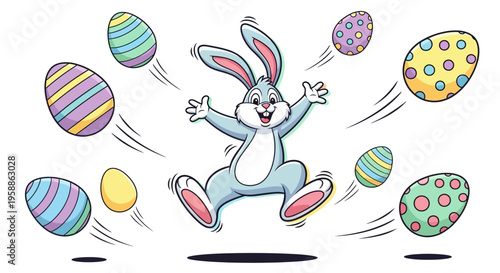 A cheerful Easter bunny jumps playfully amidst colorful eggs on a pastel background, conveying a joyful Easter Sunday social media atmosphere
