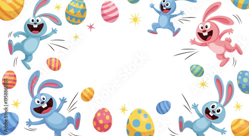 Colorful Easter-themed illustration of happy bunnies and decorated eggs on a pastel background for social media decoration