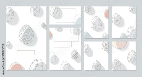 Easter social media bundle with pastel eggs and bunny illustrations on a white background for decoration and design