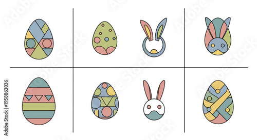 Colorful Easter bundle of decorated eggs and bunnies on a pastel background for social media posts and Easter Sunday celebrations