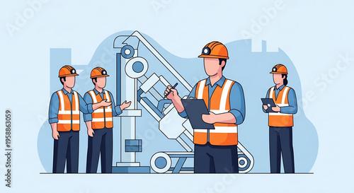 Construction site workers supervising drilling machinery and inspecting plans on a clipboard