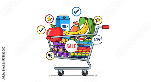 Shopping Cart Full of Groceries Illustration for Online Supermarket Sale and Discount Concept