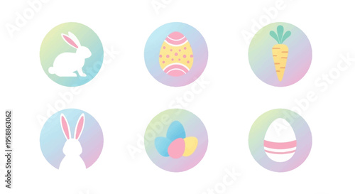 A colorful Easter bundle featuring pastel-colored icons including a bunny, eggs, and carrot on a white background with a playful and festive mood