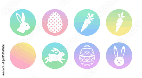 Colorful Easter-themed icons featuring bunnies, eggs, and vegetables in pastel colors on a white background, ideal for social media posts and decorations