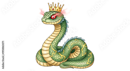 A cartoon illustration of a green snake wearing a golden crown with a fierce expression